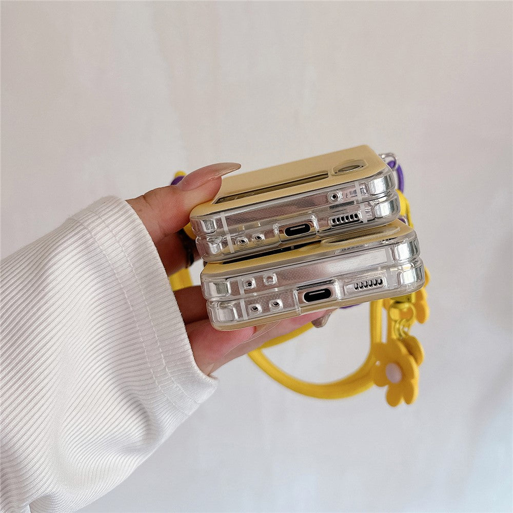 For Samsung Galaxy Z Flip7 FE 5G / Z Flip6 5G Case Flower Decor Protective Hard PC Phone Cover with Wrist Strap, Pendant