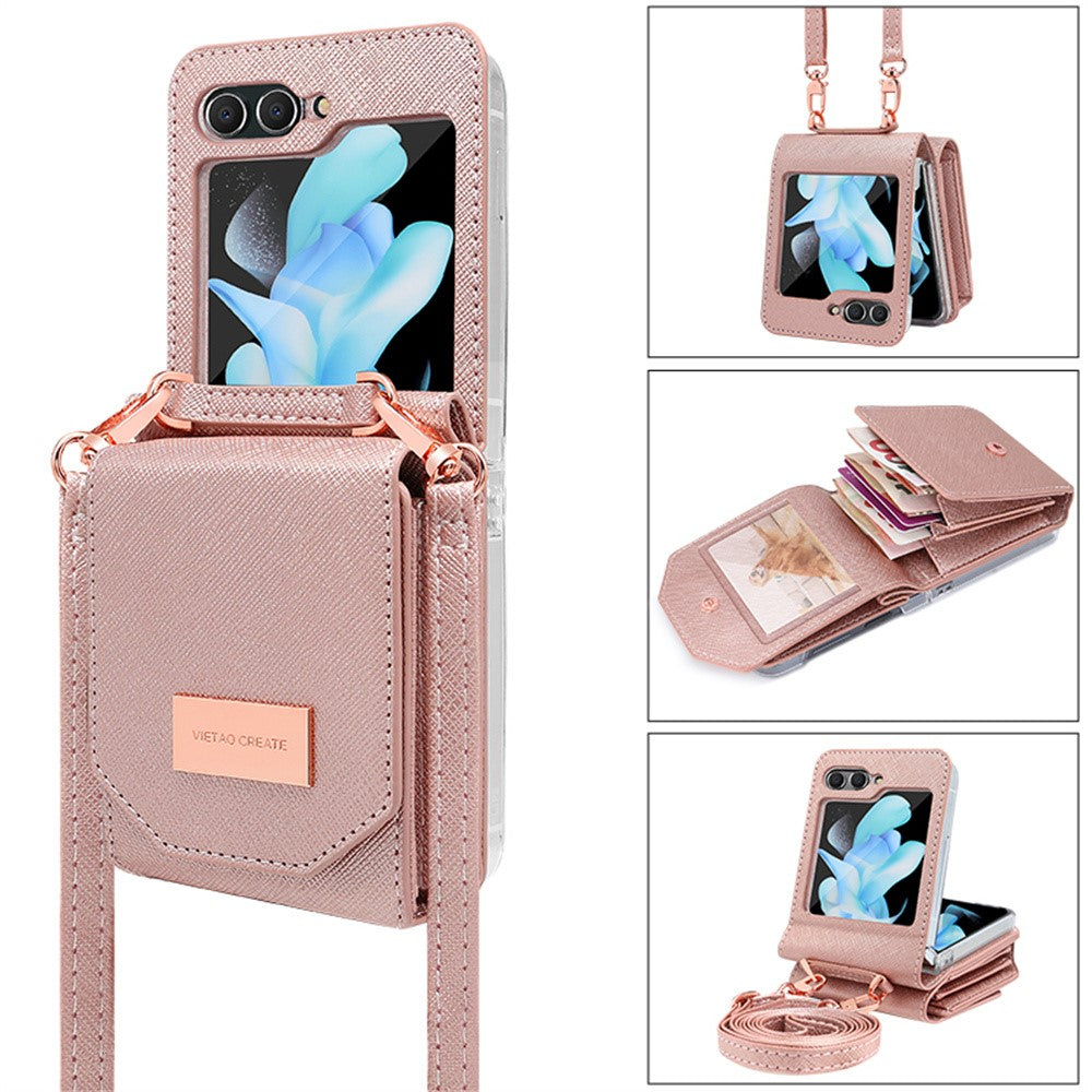 For Samsung Galaxy Z Flip7 FE 5G / Z Flip6 5G Case Card Bag Kickstand PU Leather PC Phone Cover with Strap - Rose Gold