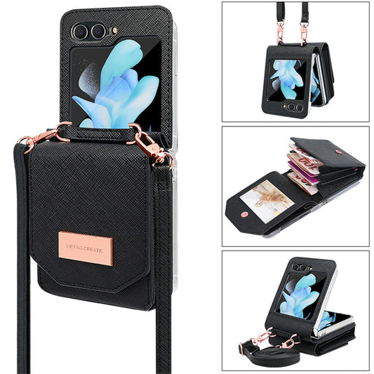 For Samsung Galaxy Z Flip7 FE 5G / Z Flip6 5G Case Card Bag Kickstand PU Leather PC Phone Cover with Strap - Black