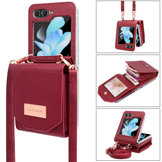For Samsung Galaxy Z Flip7 FE 5G / Z Flip6 5G Case Card Bag Kickstand PU Leather PC Phone Cover with Strap - Red