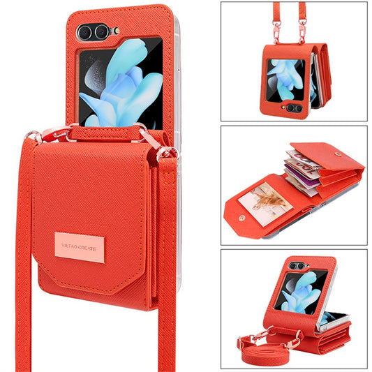 For Samsung Galaxy Z Flip7 FE 5G / Z Flip6 5G Case Card Bag Kickstand PU Leather PC Phone Cover with Strap - Orange