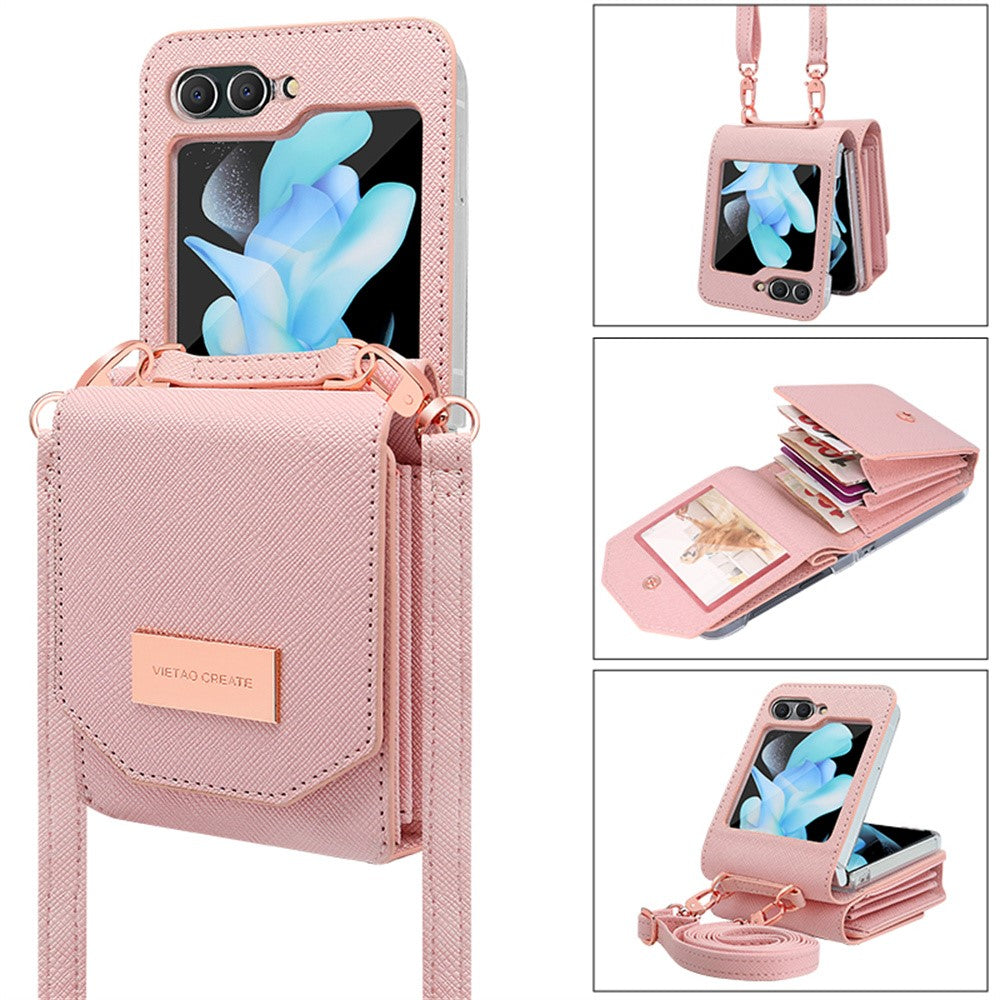 For Samsung Galaxy Z Flip7 FE 5G / Z Flip6 5G Case Card Bag Kickstand PU Leather PC Phone Cover with Strap - Pink