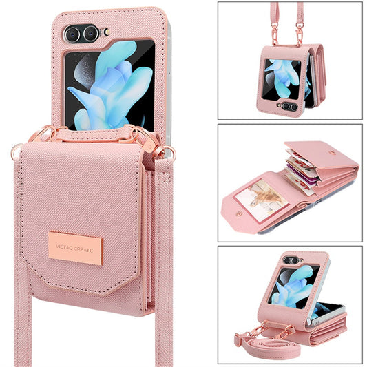 For Samsung Galaxy Z Flip7 FE 5G / Z Flip6 5G Case Card Bag Kickstand PU Leather PC Phone Cover with Strap - Pink