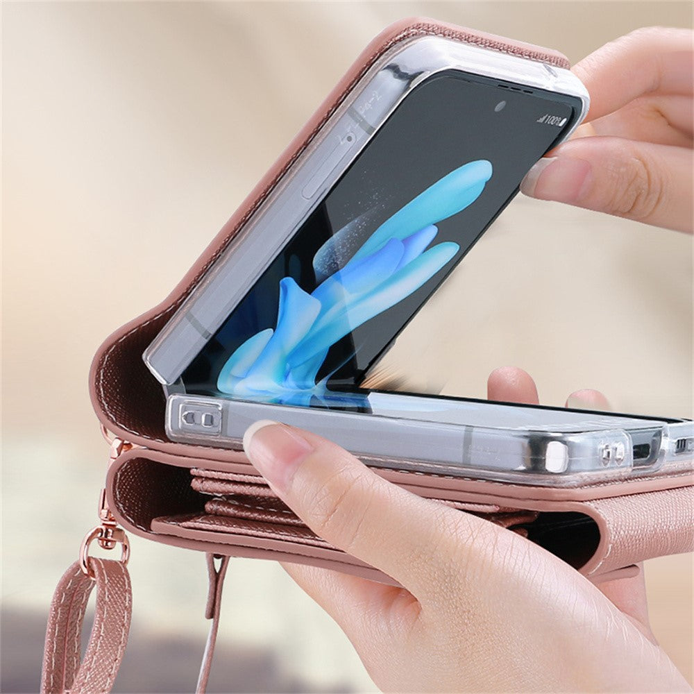 For Samsung Galaxy Z Flip7 FE 5G / Z Flip6 5G Case Card Bag Kickstand PU Leather PC Phone Cover with Strap - Pink