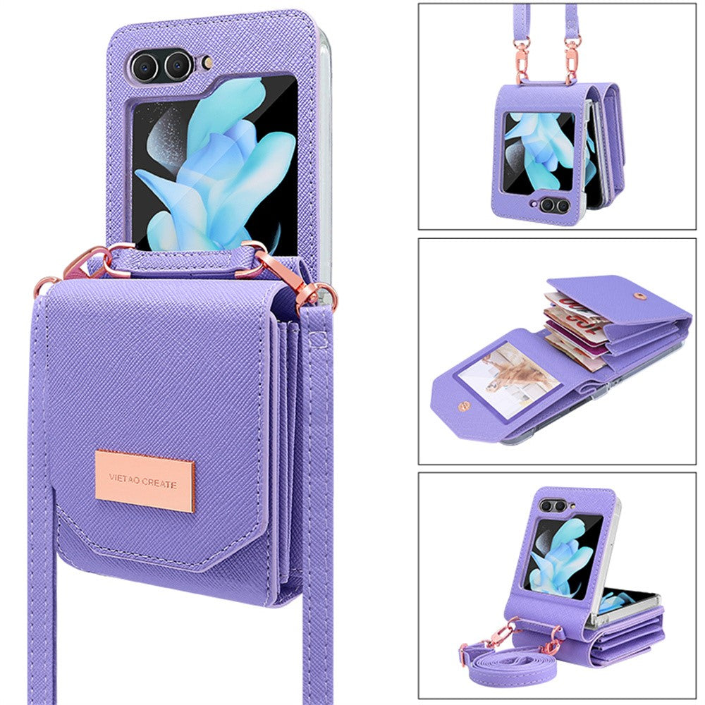 For Samsung Galaxy Z Flip7 FE 5G / Z Flip6 5G Case Card Bag Kickstand PU Leather PC Phone Cover with Strap - Purple