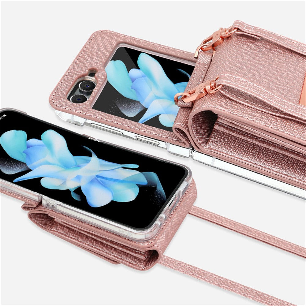 For Samsung Galaxy Z Flip7 FE 5G / Z Flip6 5G Case Card Bag Kickstand PU Leather PC Phone Cover with Strap - Purple