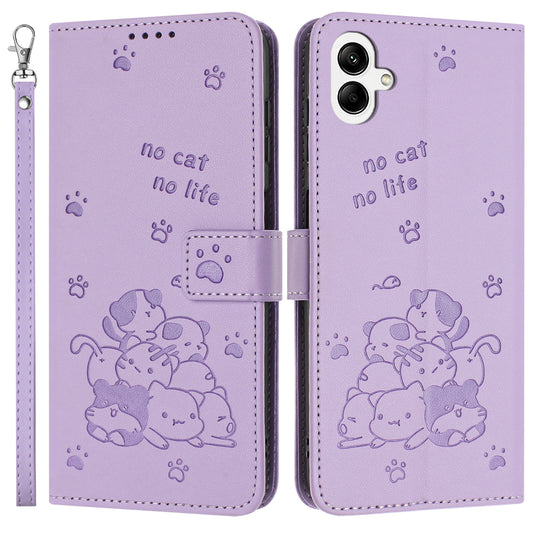 For Samsung Galaxy A06 Case with Strap Cats Imprint Leather Wallet Phone Cover - Purple
