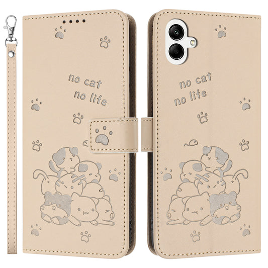 For Samsung Galaxy A06 Case with Strap Cats Imprint Leather Wallet Phone Cover - Beige