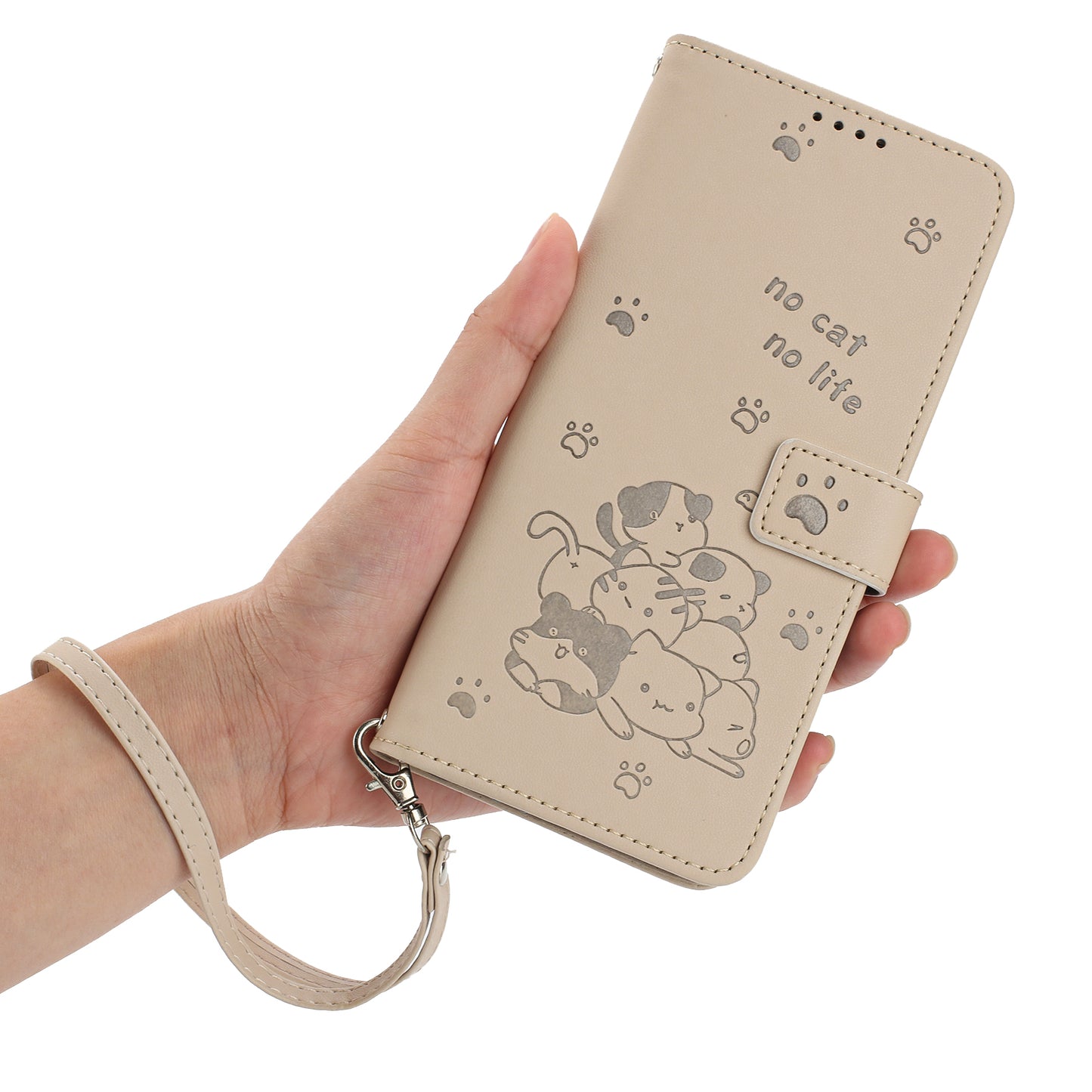 For Samsung Galaxy A06 Case with Strap Cats Imprint Leather Wallet Phone Cover - Beige