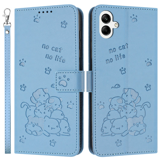 For Samsung Galaxy A06 Case with Strap Cats Imprint Leather Wallet Phone Cover - Blue