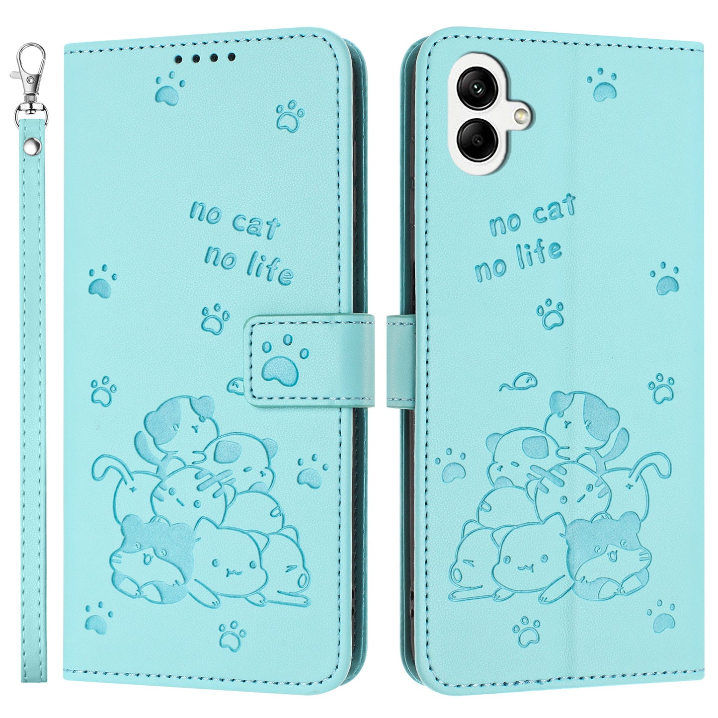For Samsung Galaxy A06 Case with Strap Cats Imprint Leather Wallet Phone Cover - Green