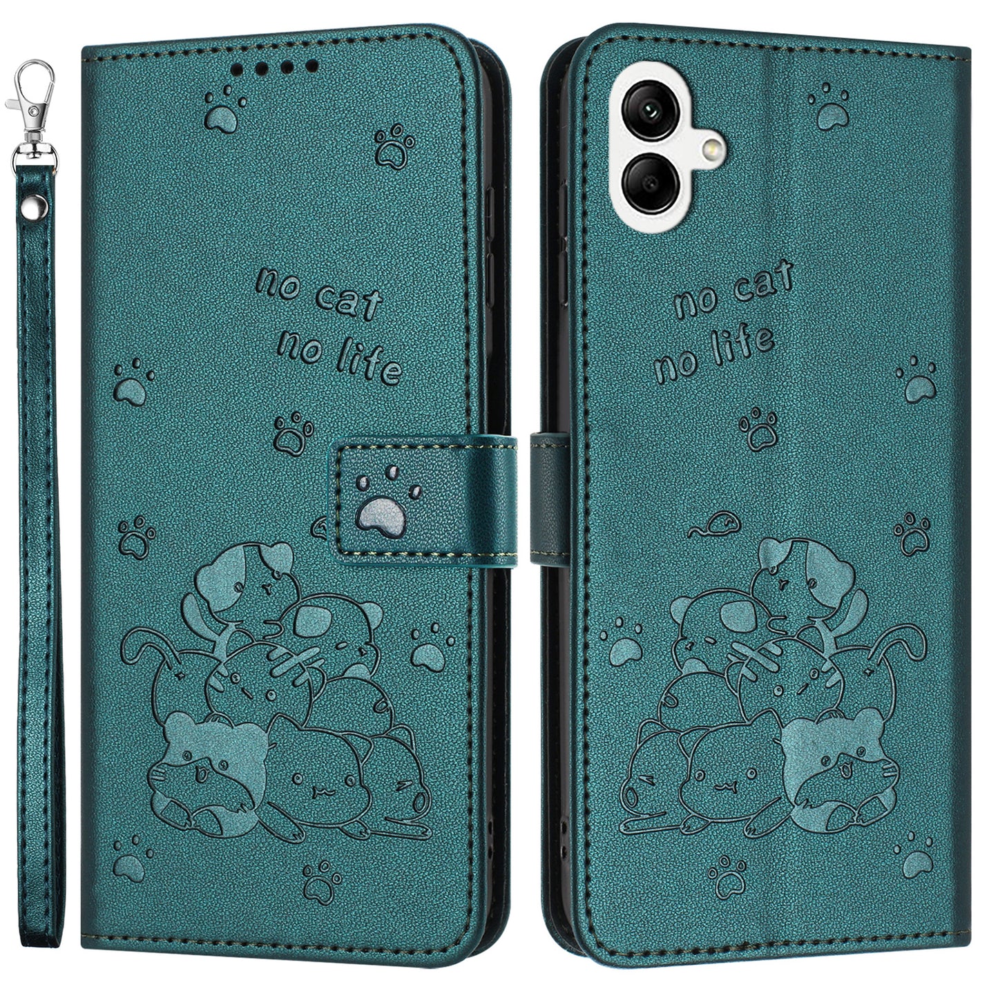 For Samsung Galaxy A06 Case with Strap Cats Imprint Leather Wallet Phone Cover - Blackish Green
