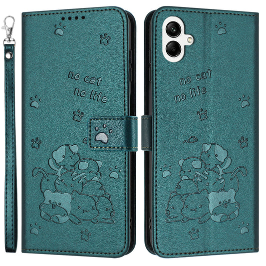 For Samsung Galaxy A06 Case with Strap Cats Imprint Leather Wallet Phone Cover - Blackish Green