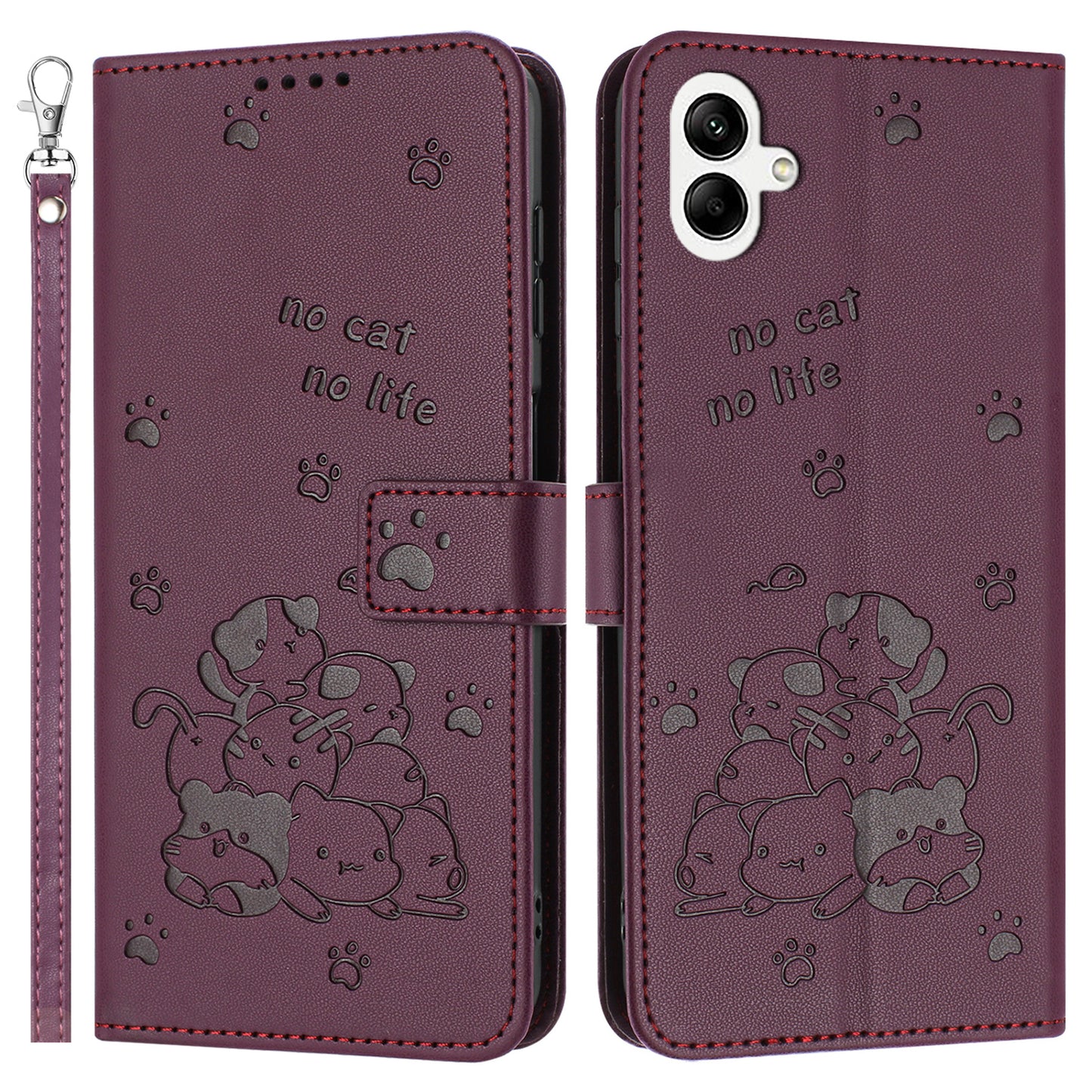 For Samsung Galaxy A06 Case with Strap Cats Imprint Leather Wallet Phone Cover - Wine Red
