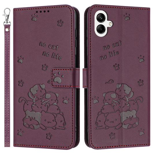 For Samsung Galaxy A06 Case with Strap Cats Imprint Leather Wallet Phone Cover - Wine Red
