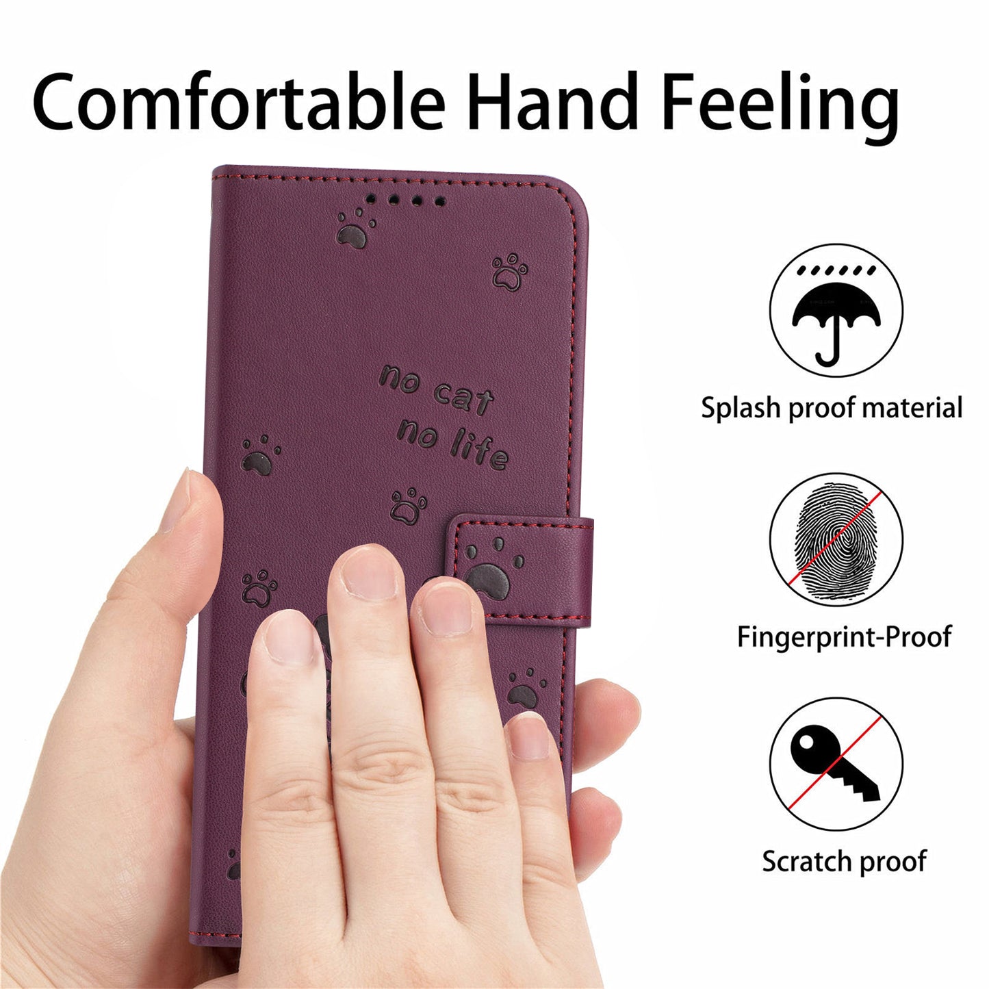 For Samsung Galaxy A06 Case with Strap Cats Imprint Leather Wallet Phone Cover - Wine Red