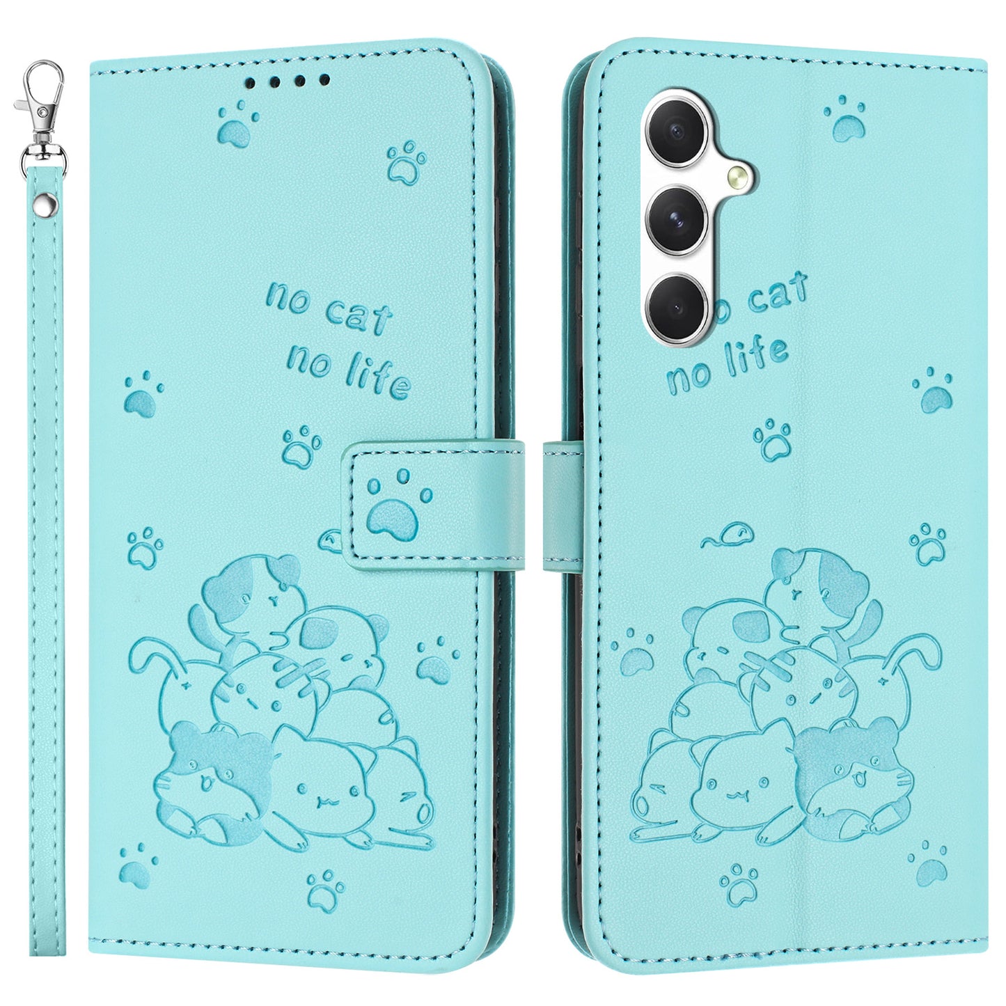 For Samsung Galaxy A16 5G / A16 4G Case with Strap Cats Imprint Leather Wallet Phone Cover - Green