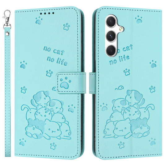 For Samsung Galaxy A16 5G / A16 4G Case with Strap Cats Imprint Leather Wallet Phone Cover - Green