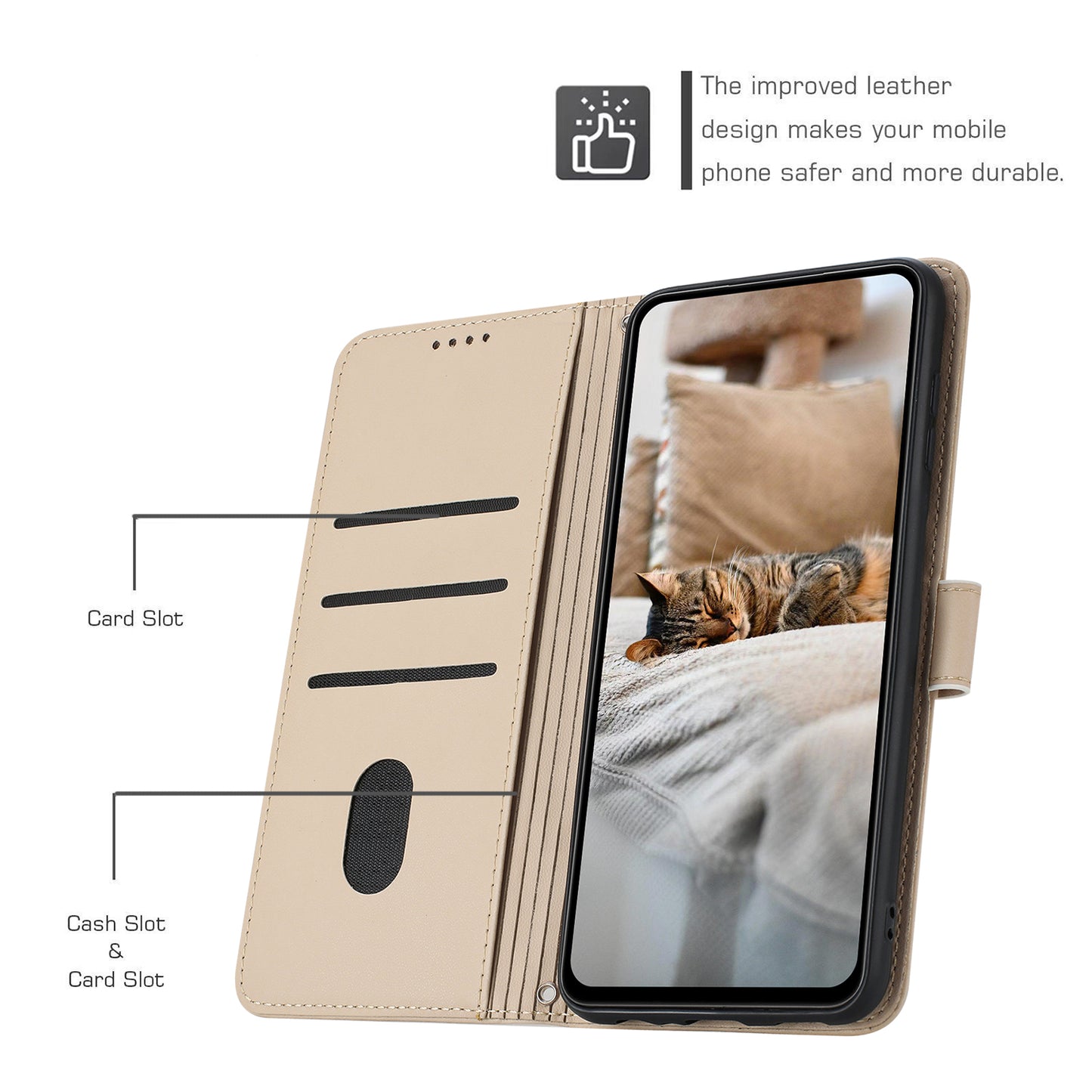 For Samsung Galaxy A16 5G / A16 4G Case with Strap Cats Imprint Leather Wallet Phone Cover - Beige