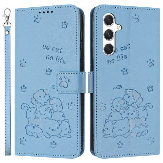 For Samsung Galaxy A16 5G / A16 4G Case with Strap Cats Imprint Leather Wallet Phone Cover - Blue