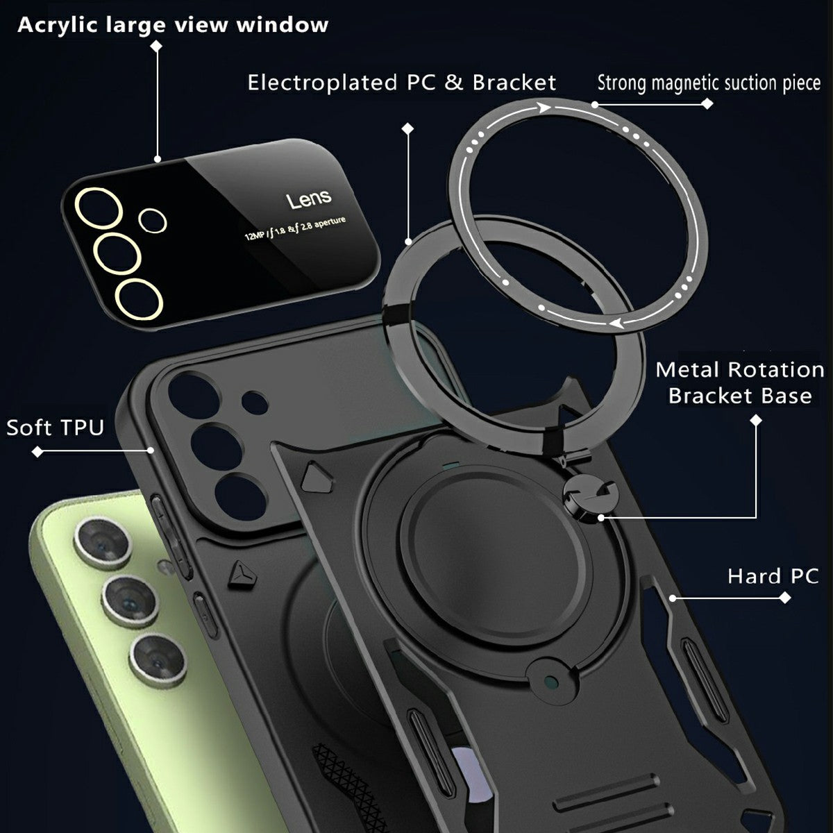 For Samsung Galaxy A16 5G / A16 4G Case Rotating Magnetic Kickstand PC+TPU Phone Cover - Black