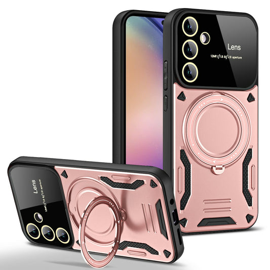 For Samsung Galaxy A16 5G / A16 4G Case Rotating Magnetic Kickstand PC+TPU Phone Cover - Rose Gold