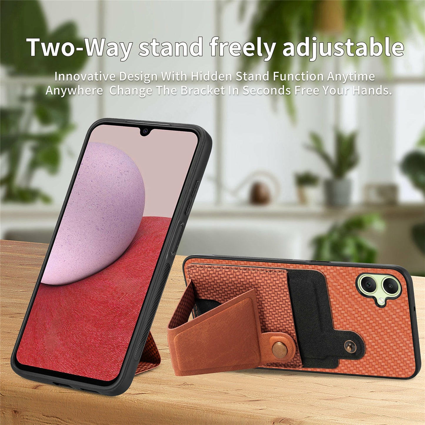 For Samsung Galaxy A06 Case K-Shaped Kickstand Leather+PC+TPU Phone Cover - Brown
