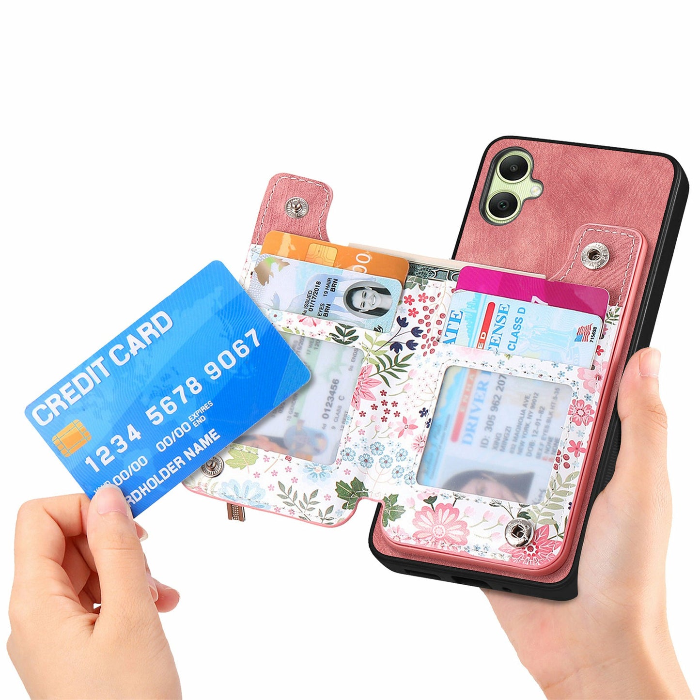 D10 For Samsung Galaxy A06 Case Pattern Kickstand Wallet Leather+TPU Phone Cover RFID Blocking - Pink