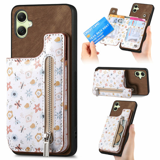 D10 For Samsung Galaxy A06 Case Pattern Kickstand Wallet Leather+TPU Phone Cover RFID Blocking - Brown