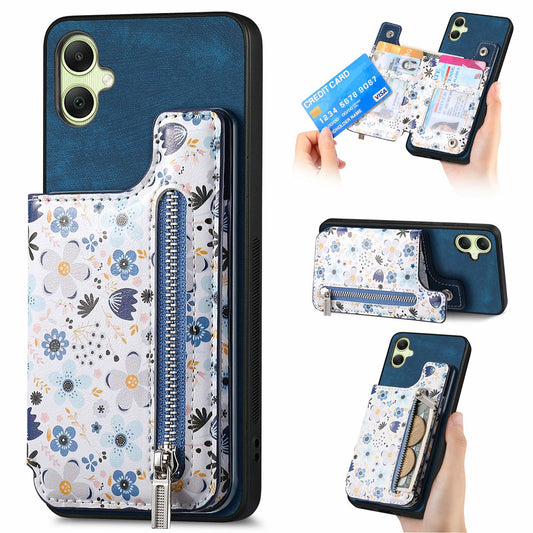 D10 For Samsung Galaxy A06 Case Pattern Kickstand Wallet Leather+TPU Phone Cover RFID Blocking - Blue