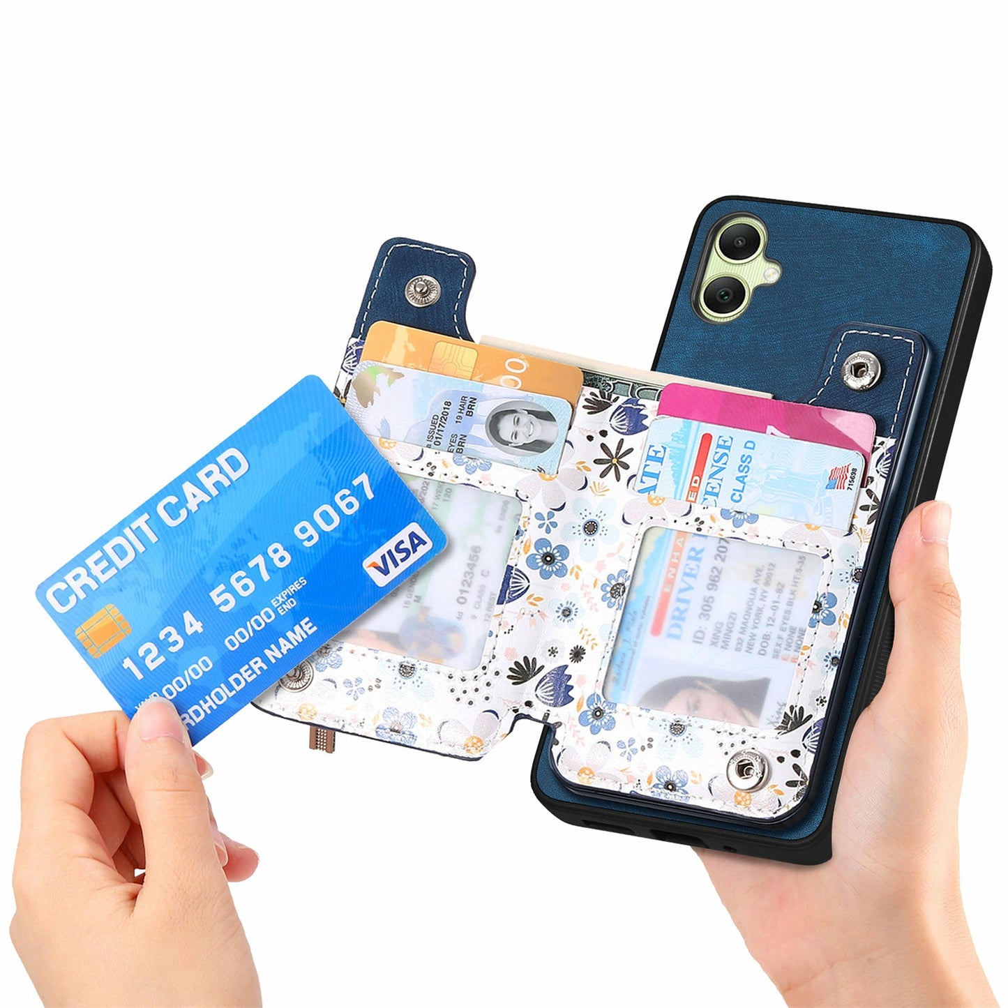 D10 For Samsung Galaxy A06 Case Pattern Kickstand Wallet Leather+TPU Phone Cover RFID Blocking - Blue