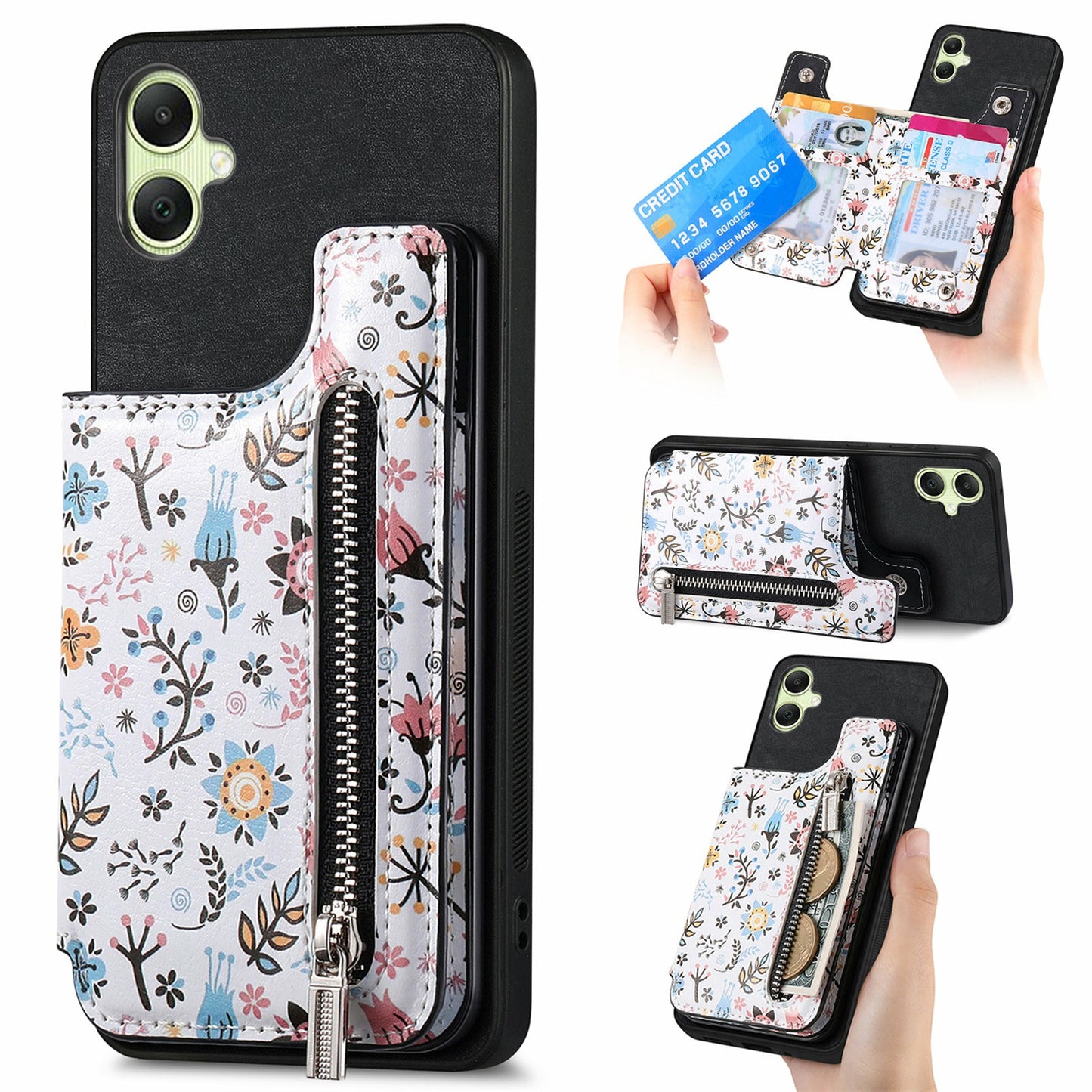 D10 For Samsung Galaxy A06 Case Pattern Kickstand Wallet Leather+TPU Phone Cover RFID Blocking - Black