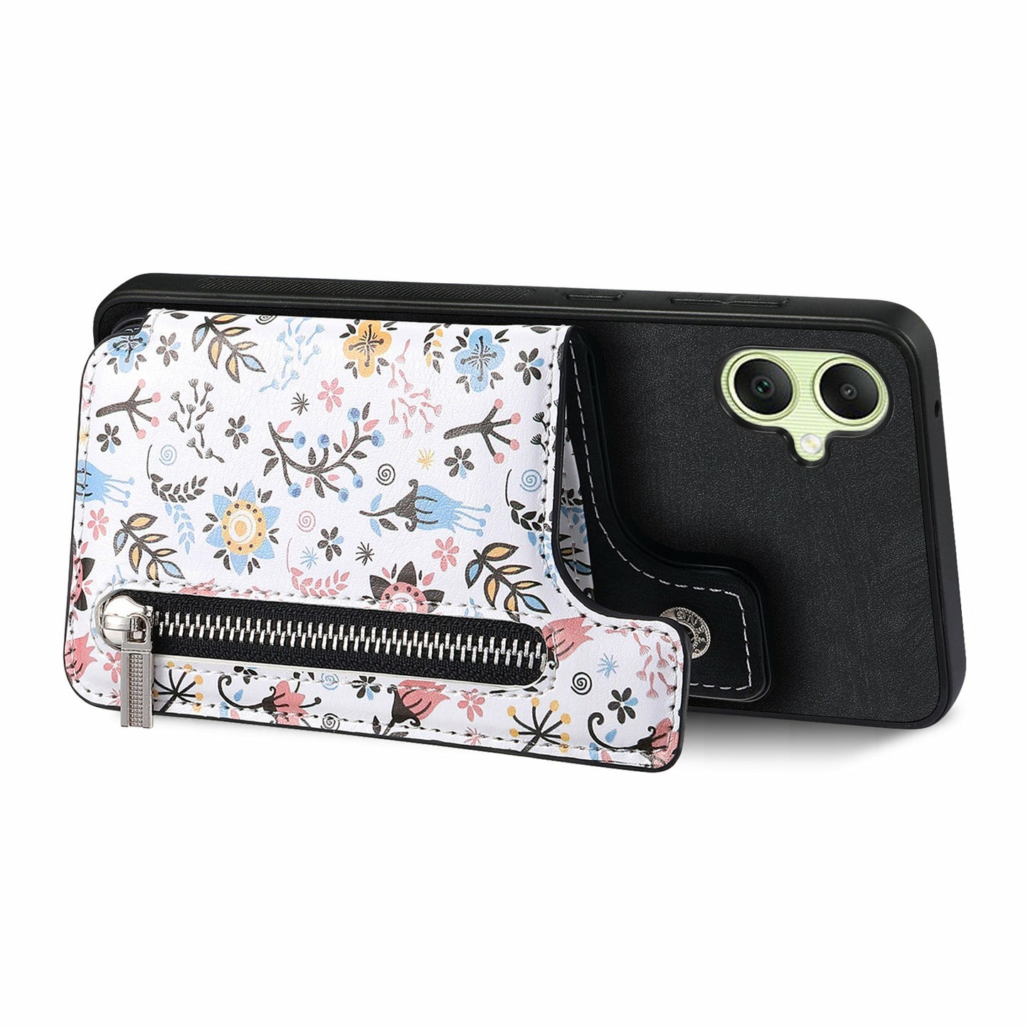 D10 For Samsung Galaxy A06 Case Pattern Kickstand Wallet Leather+TPU Phone Cover RFID Blocking - Black
