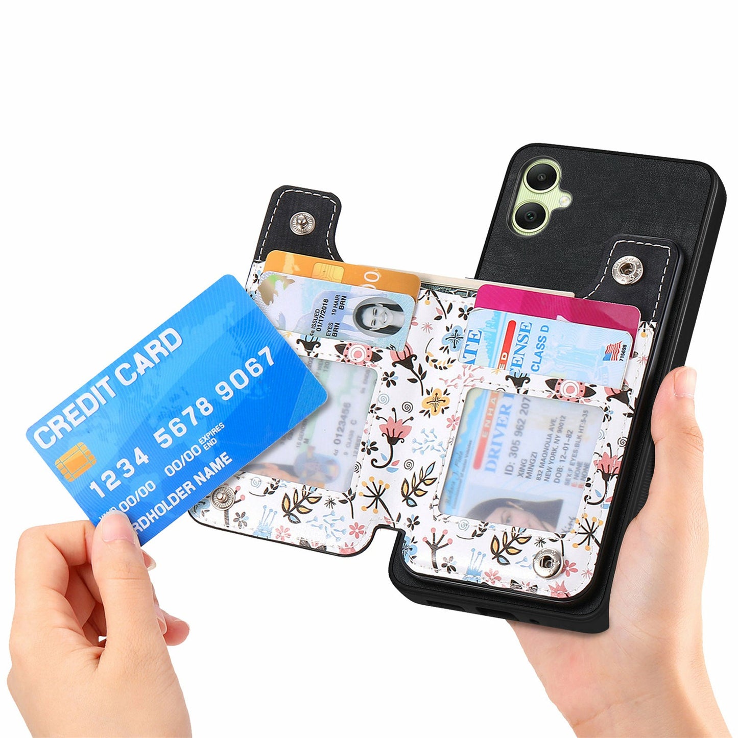 D10 For Samsung Galaxy A06 Case Pattern Kickstand Wallet Leather+TPU Phone Cover RFID Blocking - Black