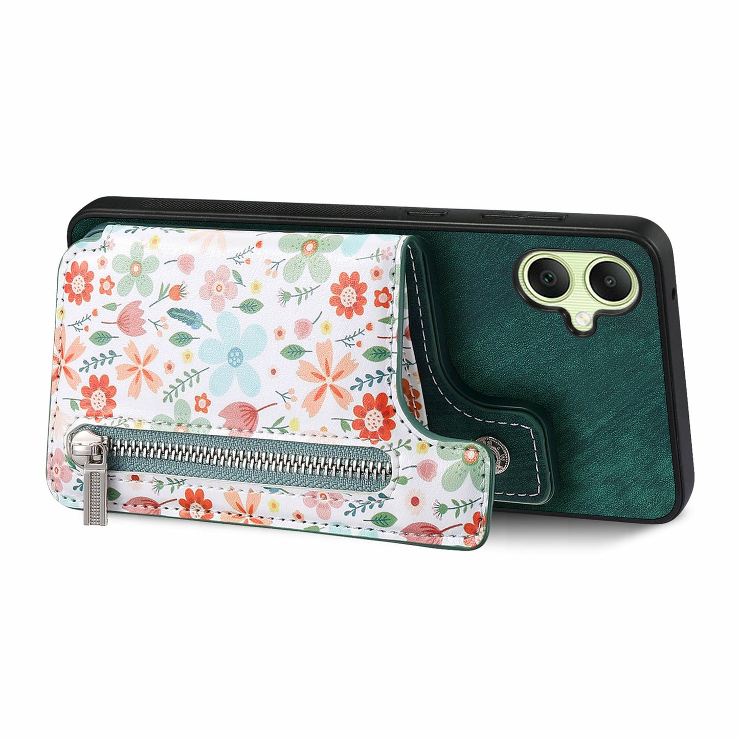 D10 For Samsung Galaxy A06 Case Pattern Kickstand Wallet Leather+TPU Phone Cover RFID Blocking - Green