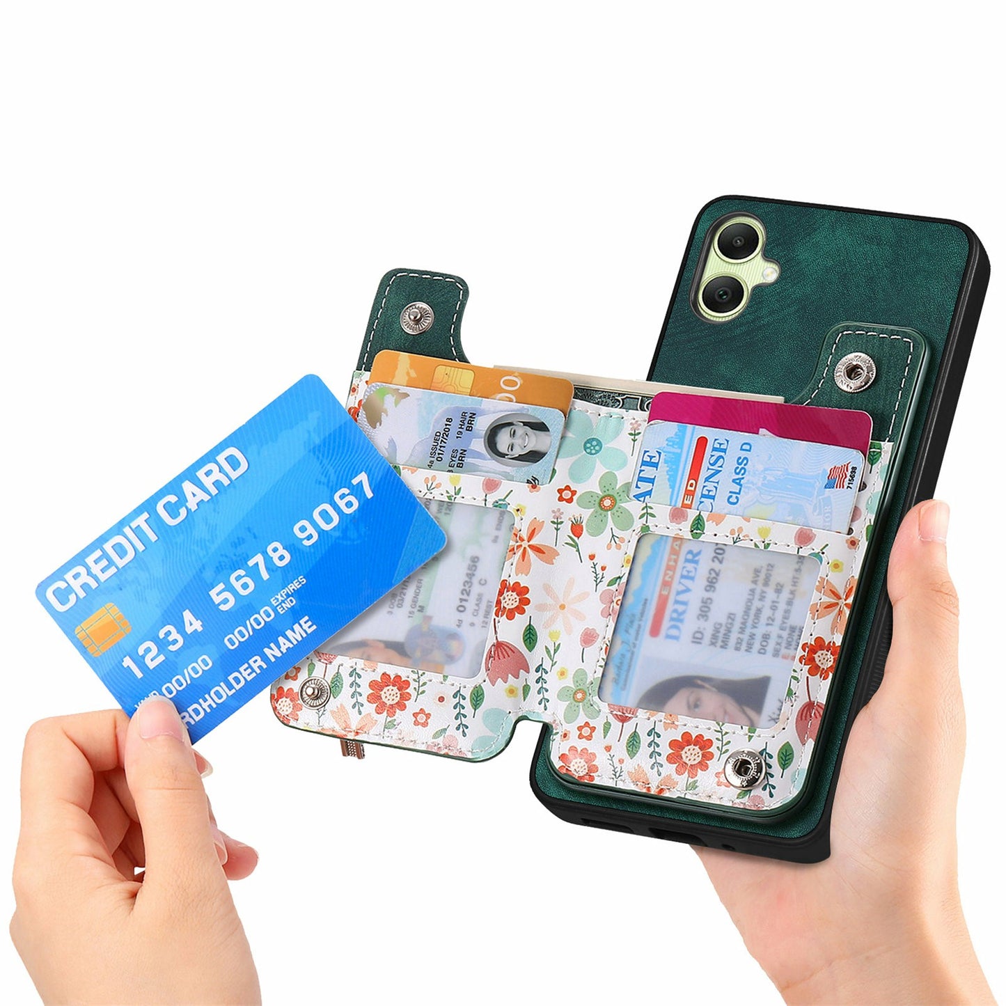 D10 For Samsung Galaxy A06 Case Pattern Kickstand Wallet Leather+TPU Phone Cover RFID Blocking - Green