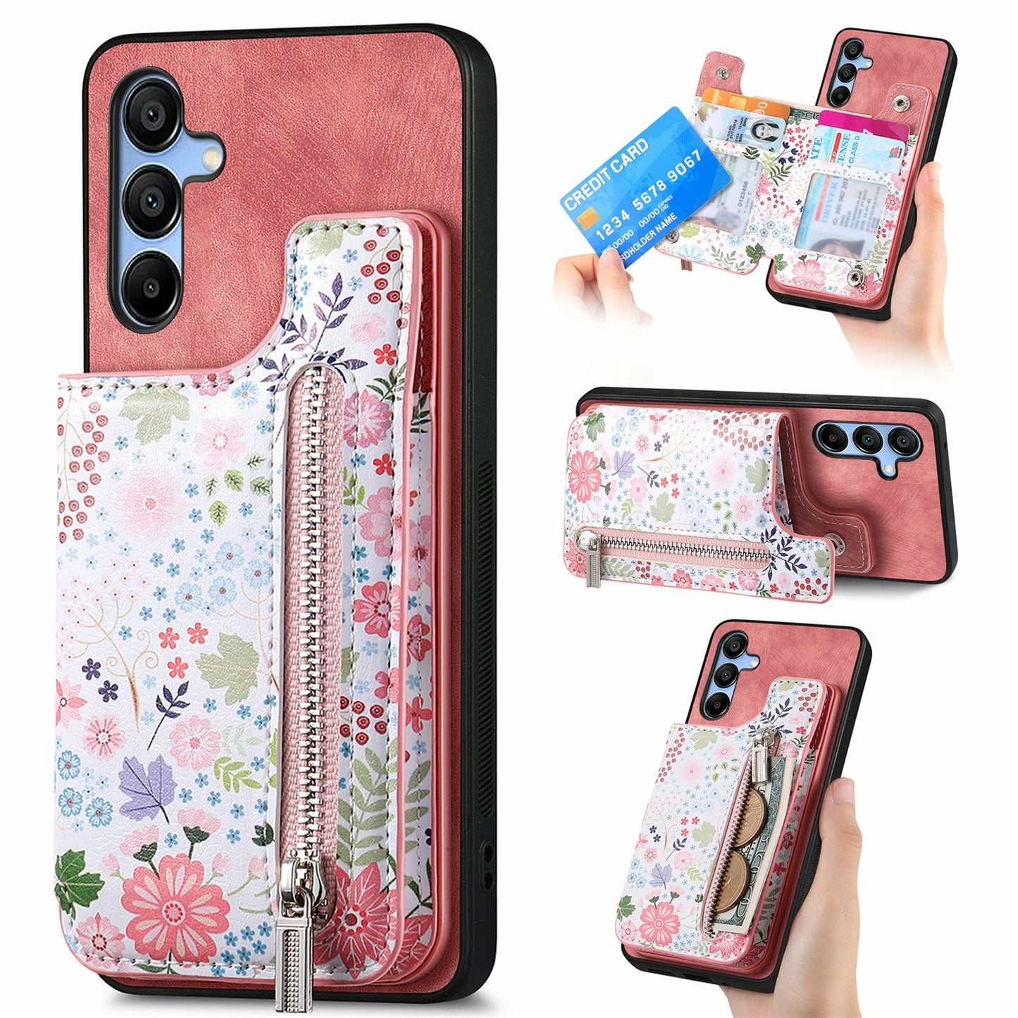 D10 For Samsung Galaxy A16 5G / A16 4G Case Pattern Kickstand Wallet Leather+TPU Phone Cover RFID Blocking - Pink