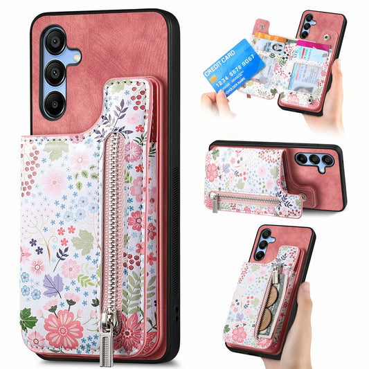 D10 For Samsung Galaxy A16 5G / A16 4G Case Pattern Kickstand Wallet Leather+TPU Phone Cover RFID Blocking - Pink