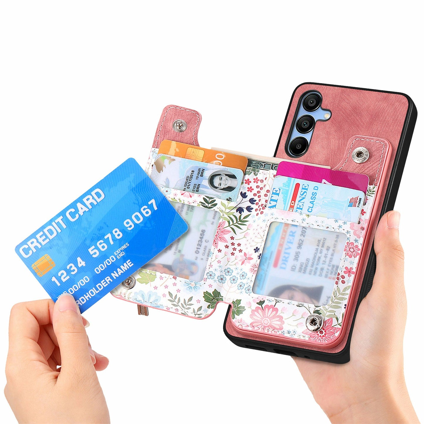 D10 For Samsung Galaxy A16 5G / A16 4G Case Pattern Kickstand Wallet Leather+TPU Phone Cover RFID Blocking - Pink