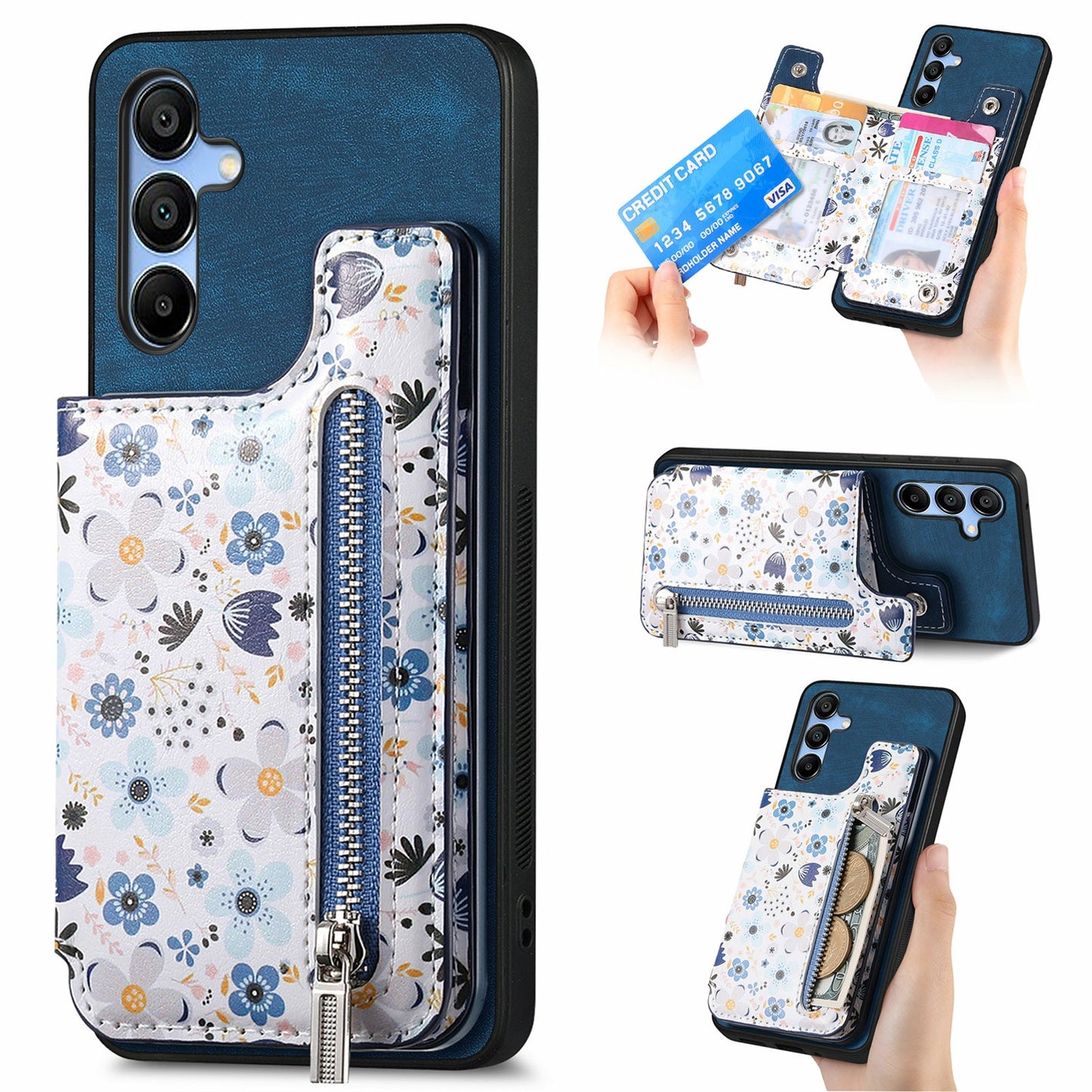 D10 For Samsung Galaxy A16 5G / A16 4G Case Pattern Kickstand Wallet Leather+TPU Phone Cover RFID Blocking - Blue