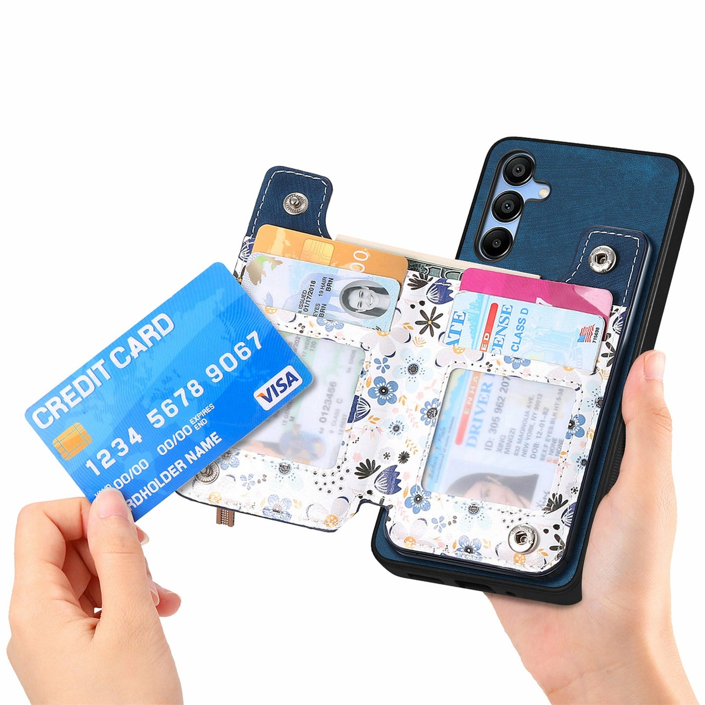 D10 For Samsung Galaxy A16 5G / A16 4G Case Pattern Kickstand Wallet Leather+TPU Phone Cover RFID Blocking - Blue