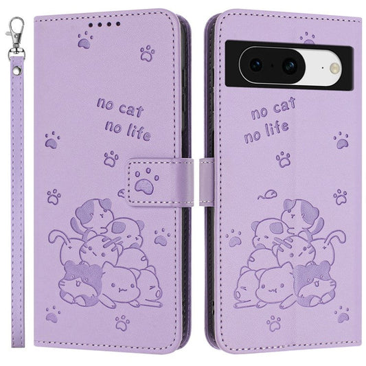 For Google Pixel 8a Case with Strap Cats Imprint Leather Wallet Phone Cover - Purple