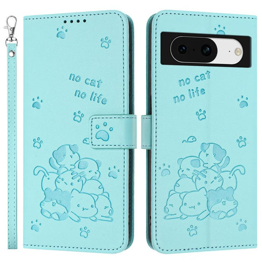For Google Pixel 8a Case with Strap Cats Imprint Leather Wallet Phone Cover - Green