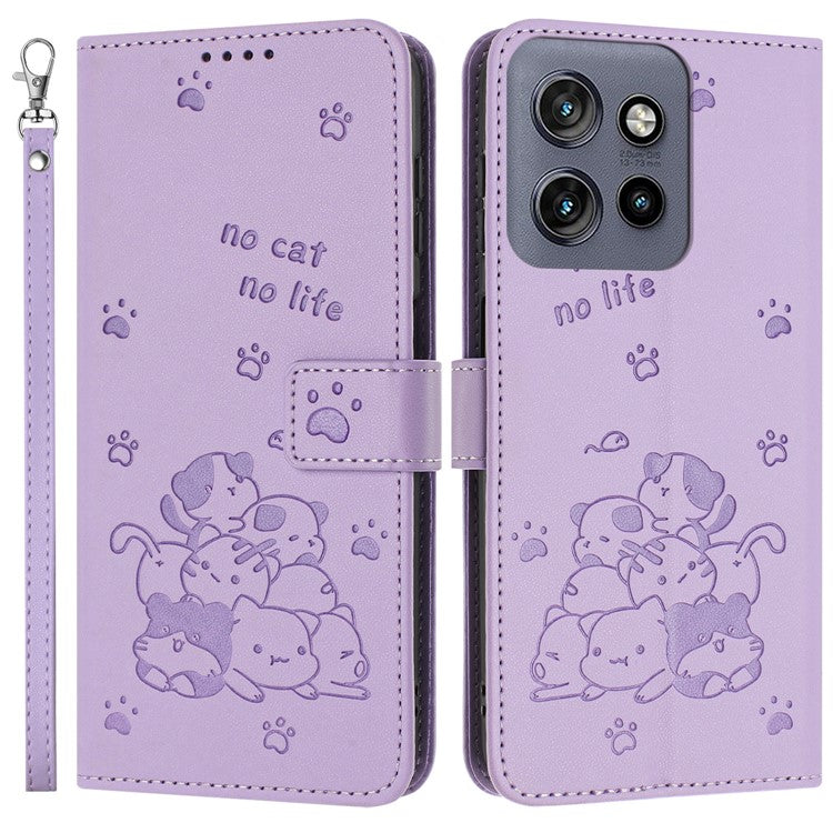 For Motorola Edge 50 Neo 5G / Moto S50 5G / Thinkphone 25 5G Case with Strap Cats Imprint Leather Wallet Phone Cover - Purple
