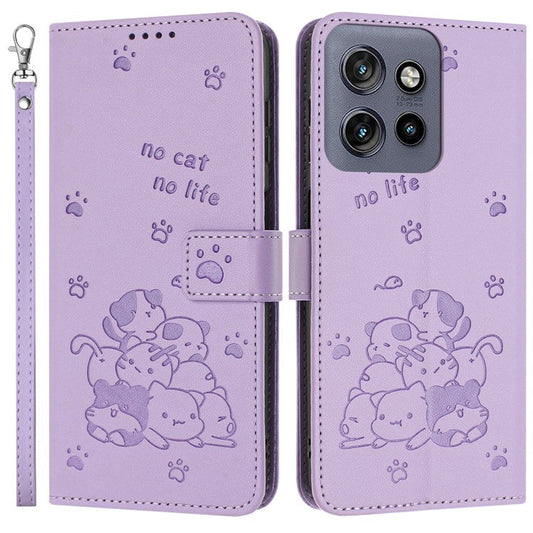 For Motorola Edge 50 Neo 5G / Moto S50 5G / Thinkphone 25 5G Case with Strap Cats Imprint Leather Wallet Phone Cover - Purple