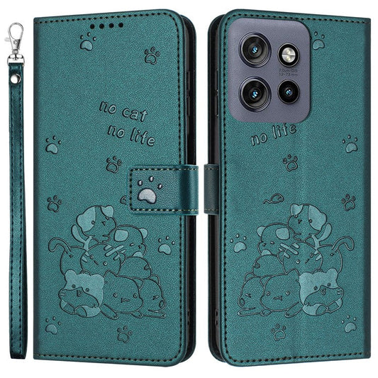For Motorola Edge 50 Neo 5G / Moto S50 5G / Thinkphone 25 5G Case with Strap Cats Imprint Leather Wallet Phone Cover - Blackish Green