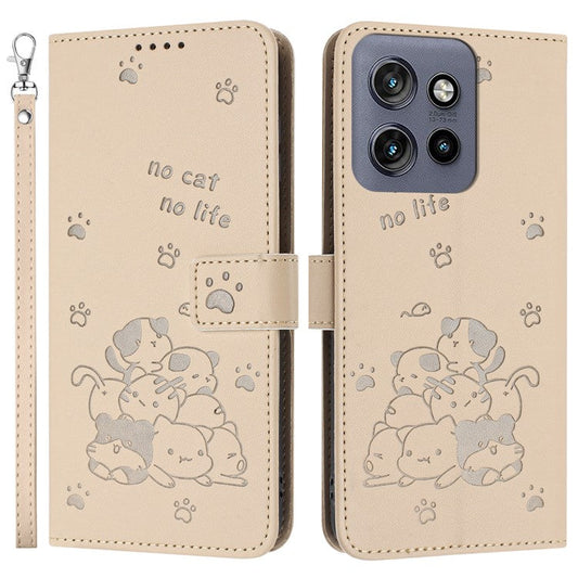 For Motorola Edge 50 Neo 5G / Moto S50 5G / Thinkphone 25 5G Case with Strap Cats Imprint Leather Wallet Phone Cover - Beige