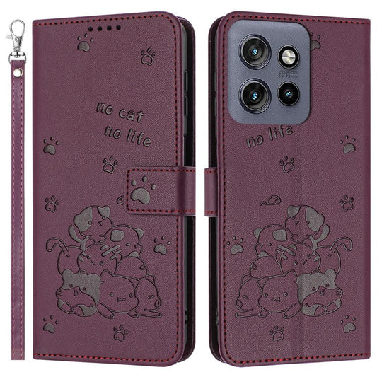 For Motorola Edge 50 Neo 5G / Moto S50 5G / Thinkphone 25 5G Case with Strap Cats Imprint Leather Wallet Phone Cover - Wine Red