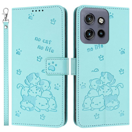 For Motorola Edge 50 Neo 5G / Moto S50 5G / Thinkphone 25 5G Case with Strap Cats Imprint Leather Wallet Phone Cover - Green