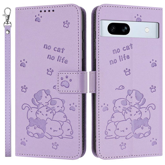 For Google Pixel 7a Case with Strap Cats Imprint Leather Wallet Phone Cover - Purple